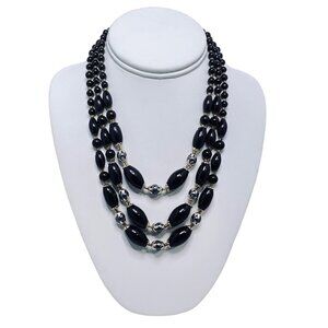 Triple Strand Black And Iridescent Beaded Necklace (801)